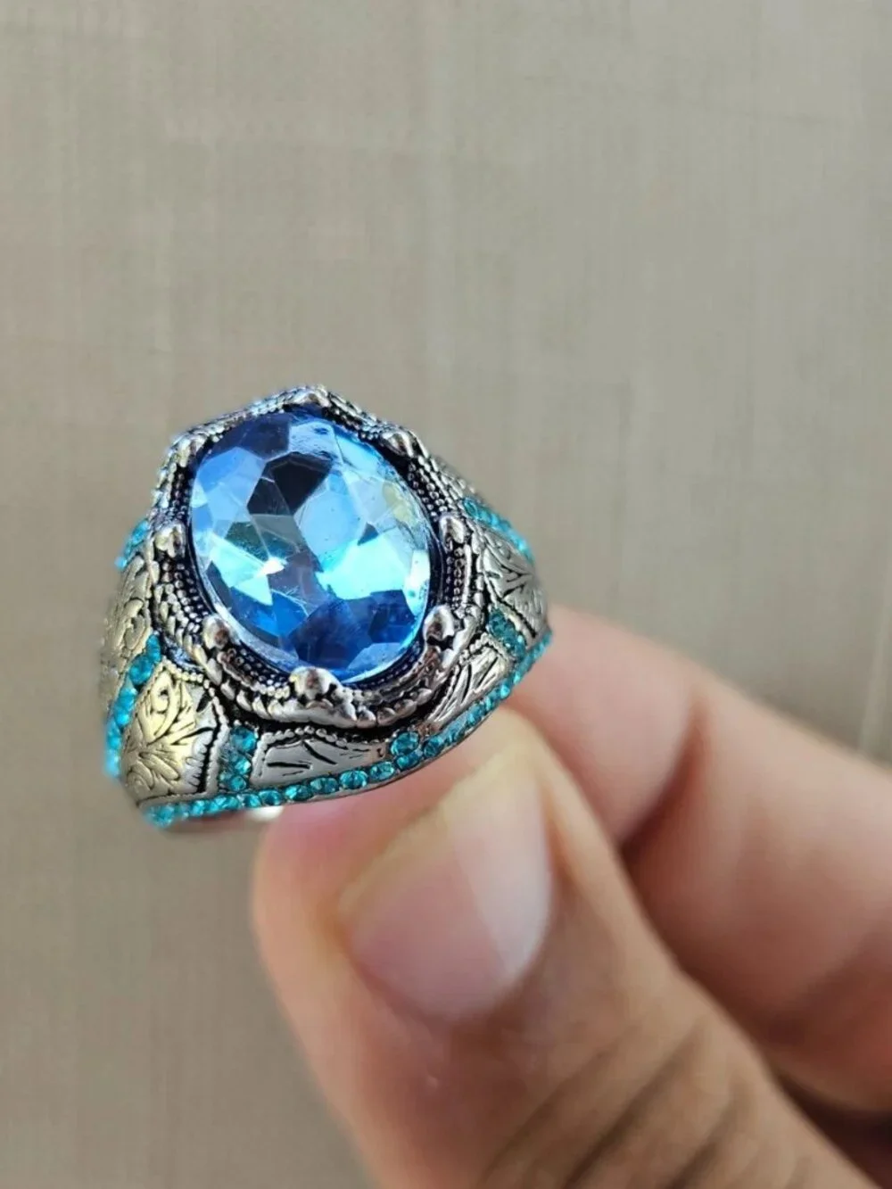 Turkish Style Men Ring Blue Crystal Centered Fashion Jewelry Size 10 New